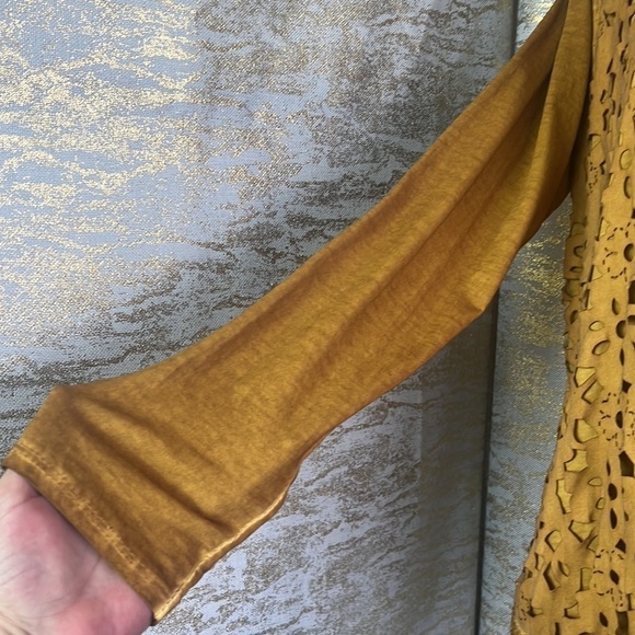Unique Marigold Color Lace Eyelet Sequin’s Long Sleeve Blouse - Picture 6 of 13